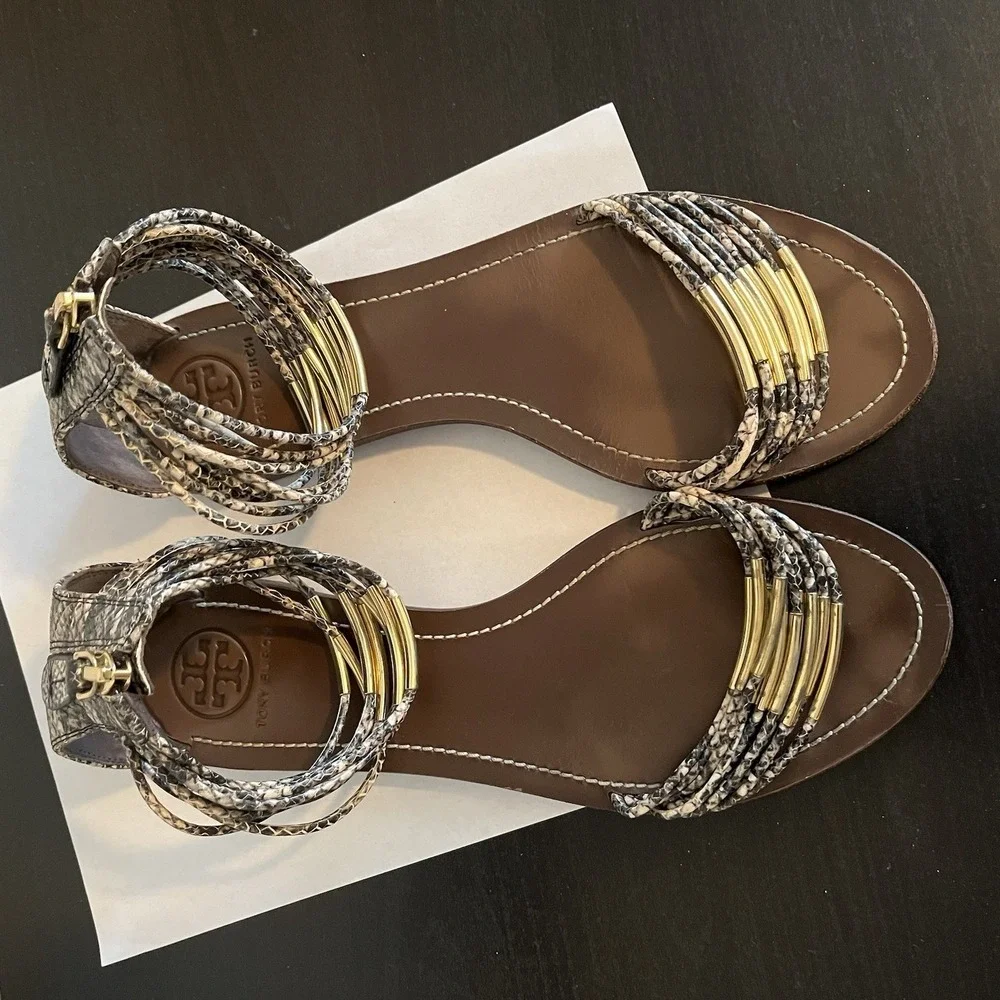 Tory Burch Mignon Rings Snake Print  Leather Sandals Ankle Strap Womens 11 Chic